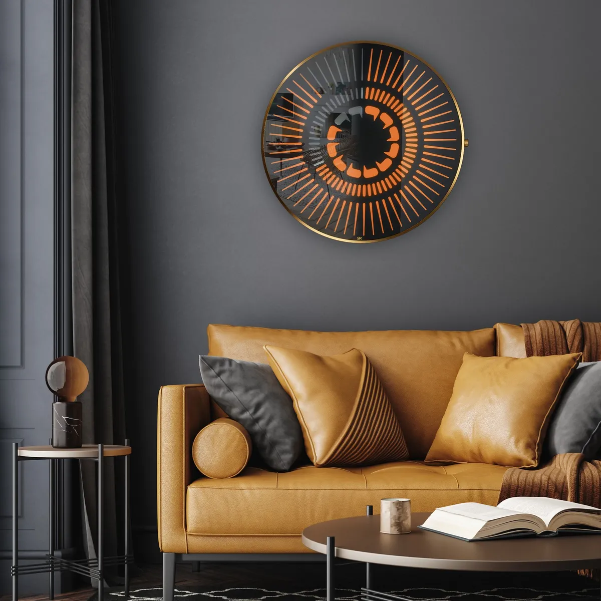 Tempus Obsidian in orange above a leather sofa in a grey room