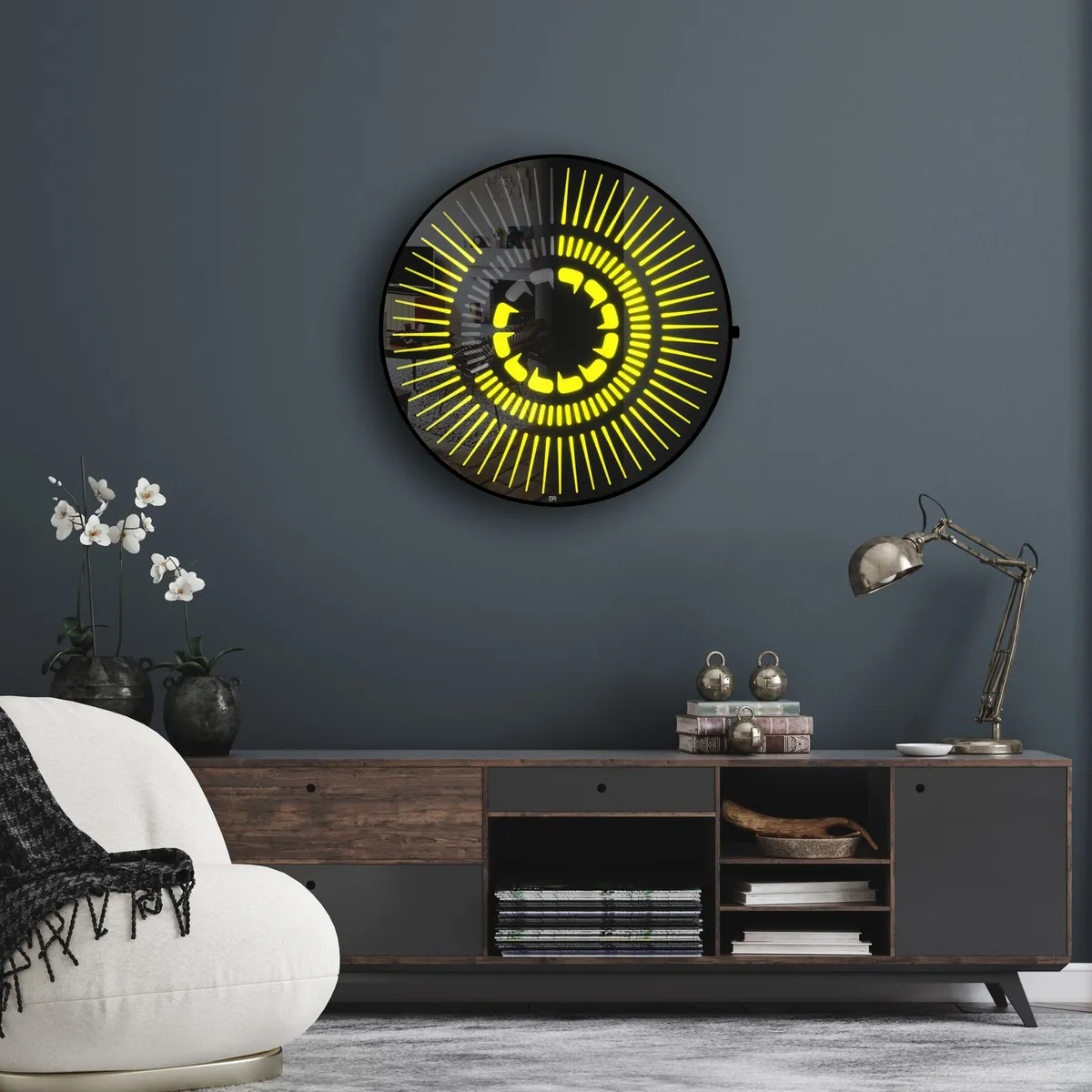 Tempus Obsidian in yellow above a sideboard on a grey wall