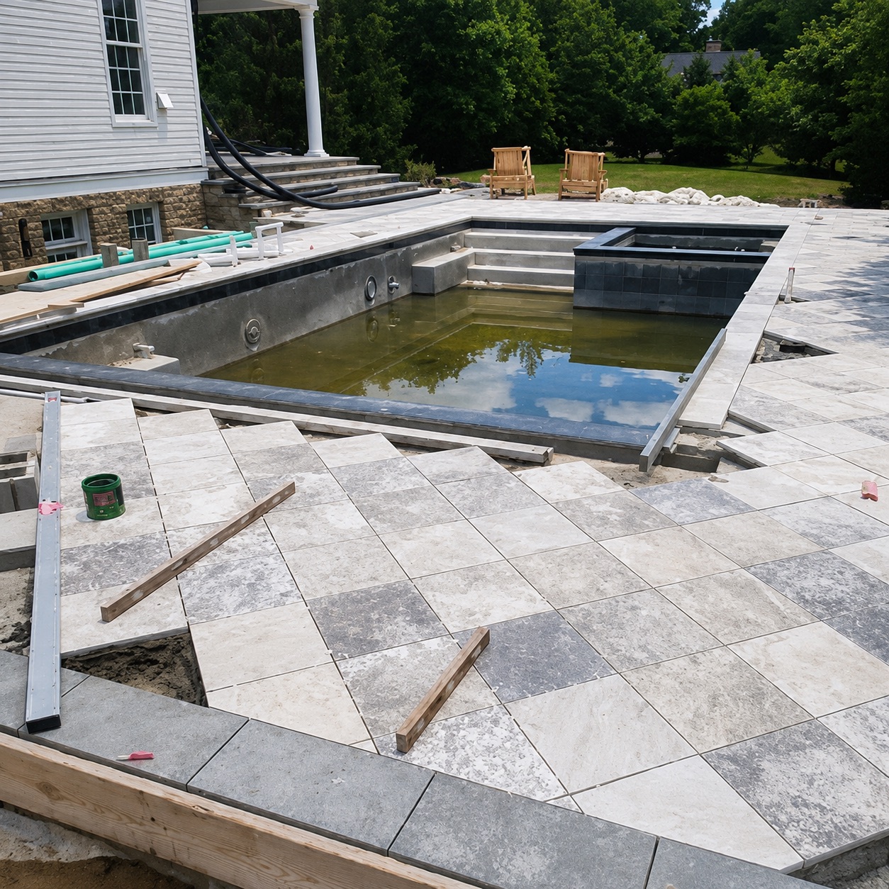 Custom pool patio paver installation with stone pavers, pool coping, and backyard hardscaping work by Earl’s Lawn Service in Union, Kentucky.