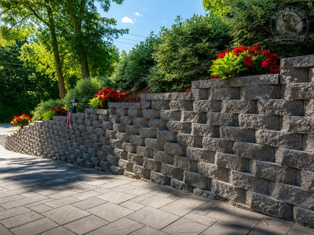 Stone retaining wall with paver patio, red flowers, shrubs, and landscaped outdoor space by Earl’s Lawn Service in Villa Hills, Kentucky.