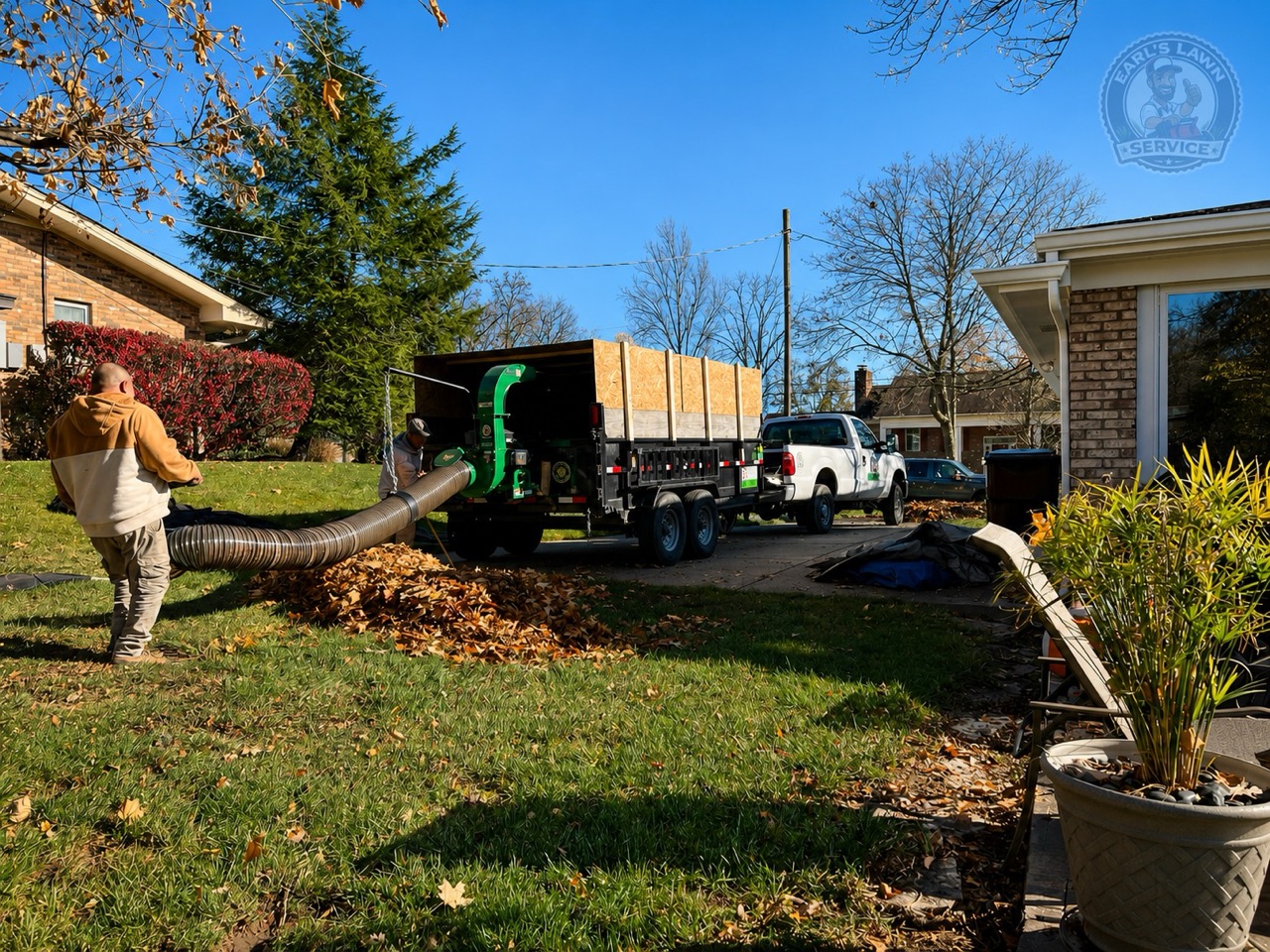 Earl’s Lawn Service crew removing leaves during a seasonal property cleanup in Northern Kentucky