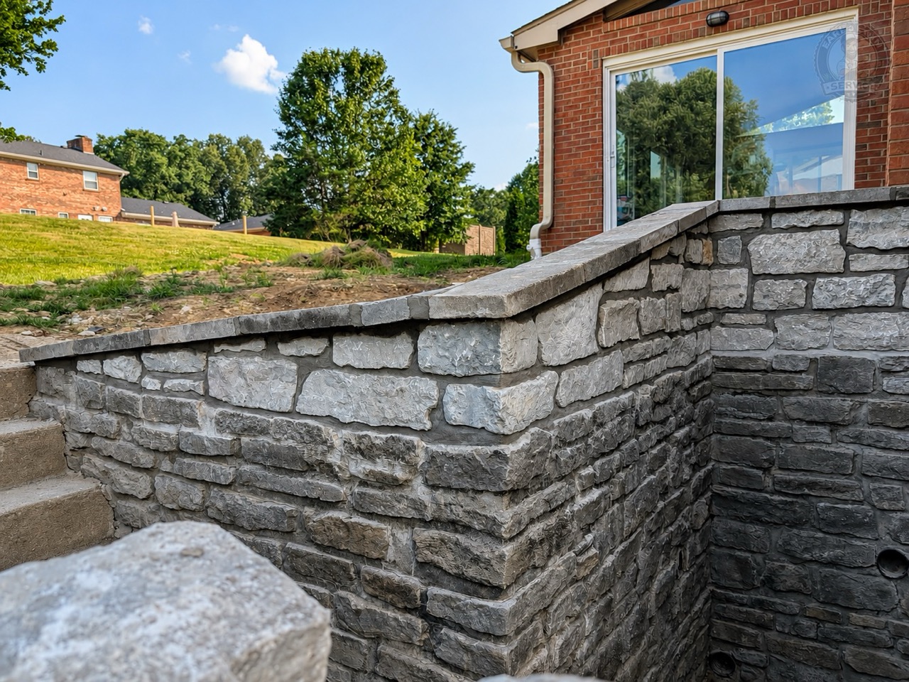 Stone retaining wall and steps built into a residential yard for a Northern Kentucky hardscaping project