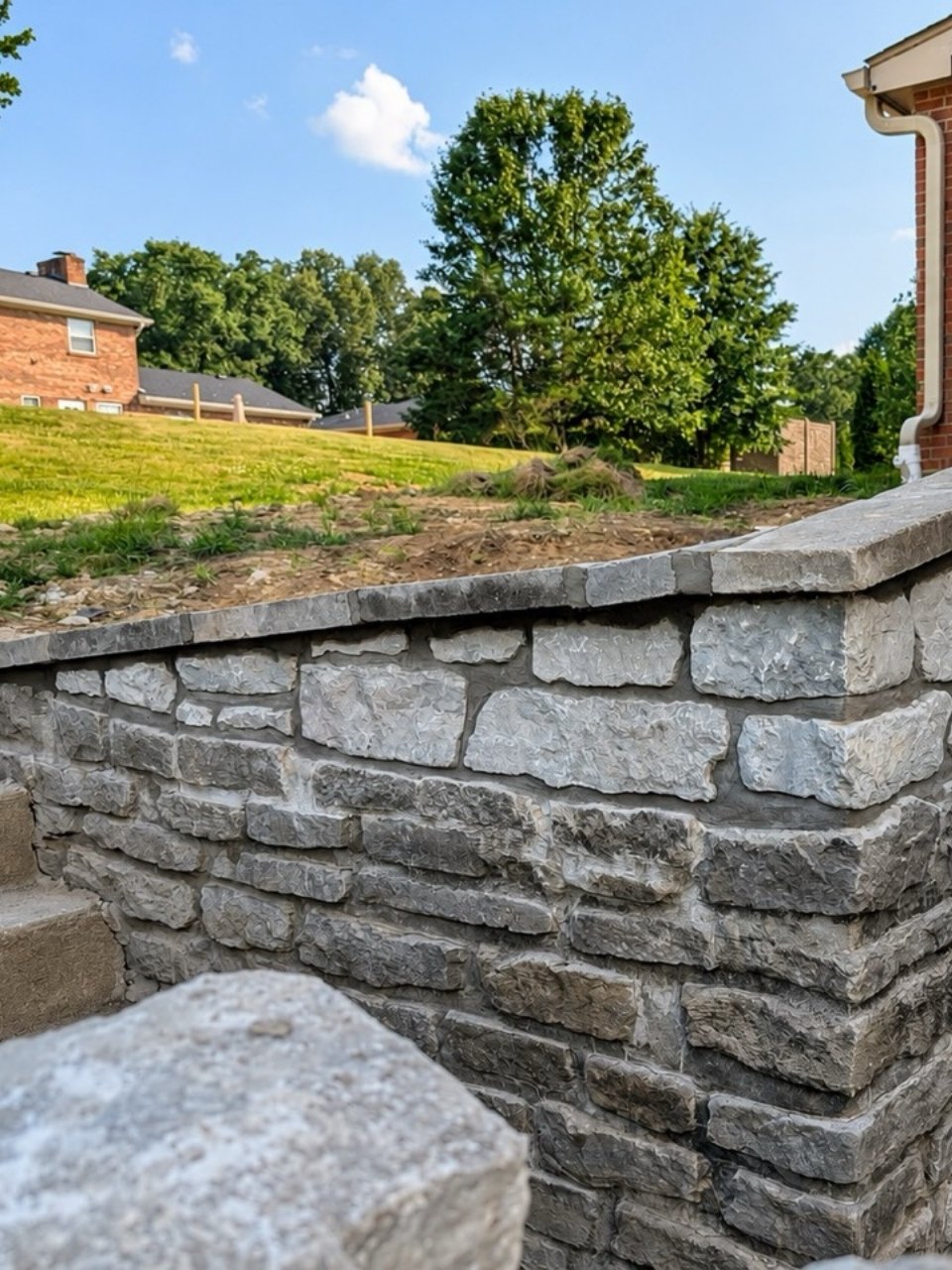 Stone retaining wall and hardscape steps installed along a residential yard in Northern Kentucky