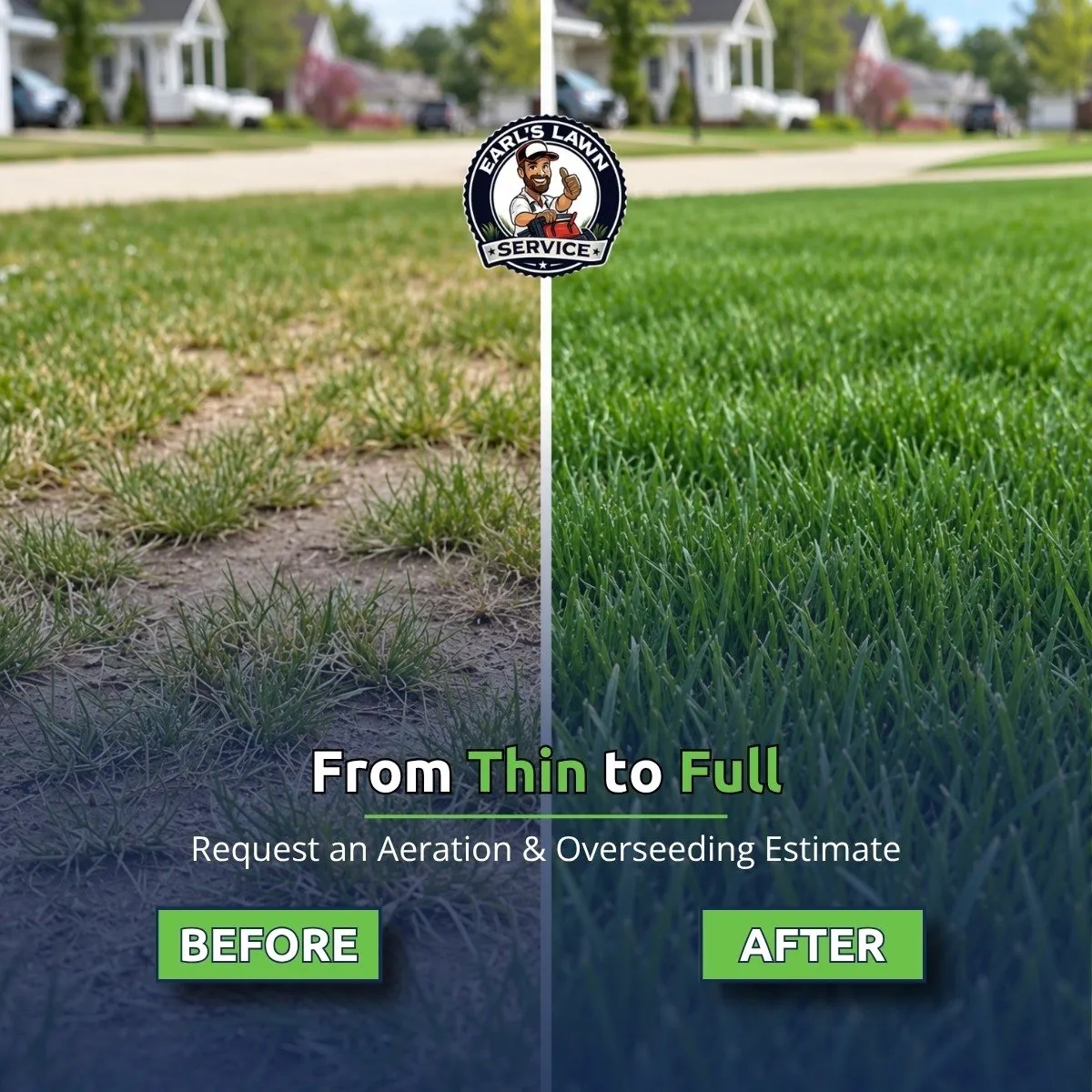 Before-and-after lawn showing thin grass improved to thicker green turf with aeration and overseeding by Earl’s Lawn Service in Northern Kentucky.