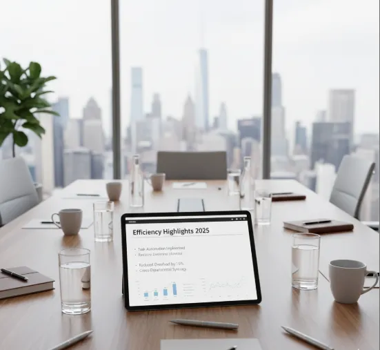 Tablet displaying an “Efficiency Highlights 2025” report on a conference room table with notebooks, water glasses, and a city skyline view.