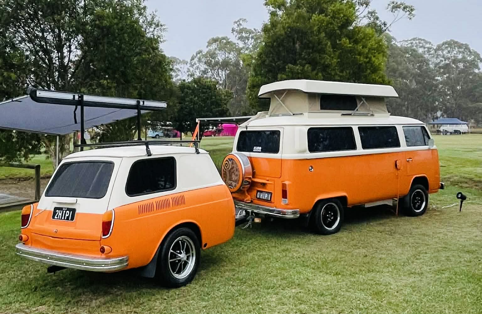 VW Kombi and Volkswagen community gathering at Dubs on the Hill in Crows Nest, with cars, camping, and connection despite rainy weather and strong regional spirit.