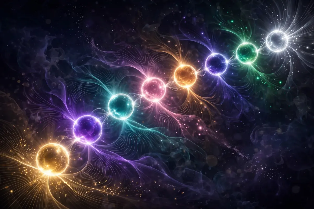 Eight glowing orbs, each holding one of the eight human frequencies
