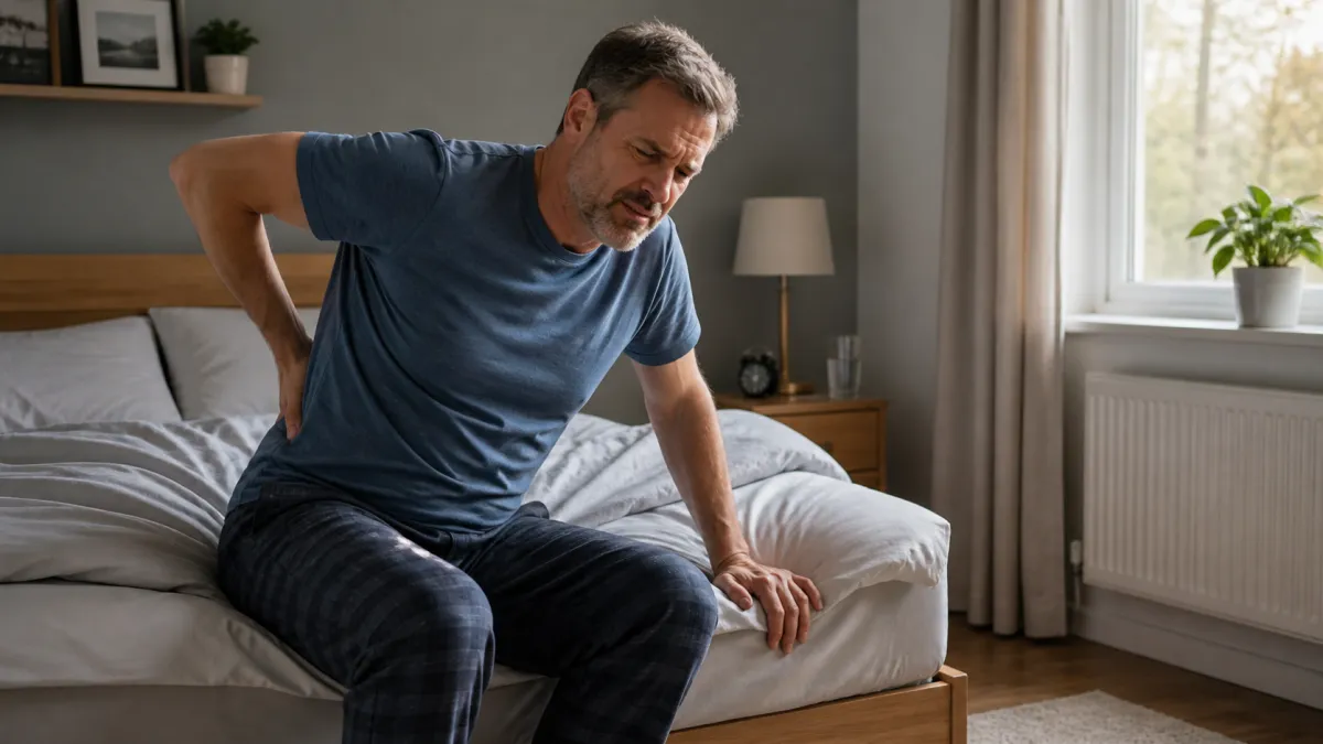 Man experiencing back pain and stiffness while getting out of bed in the morning