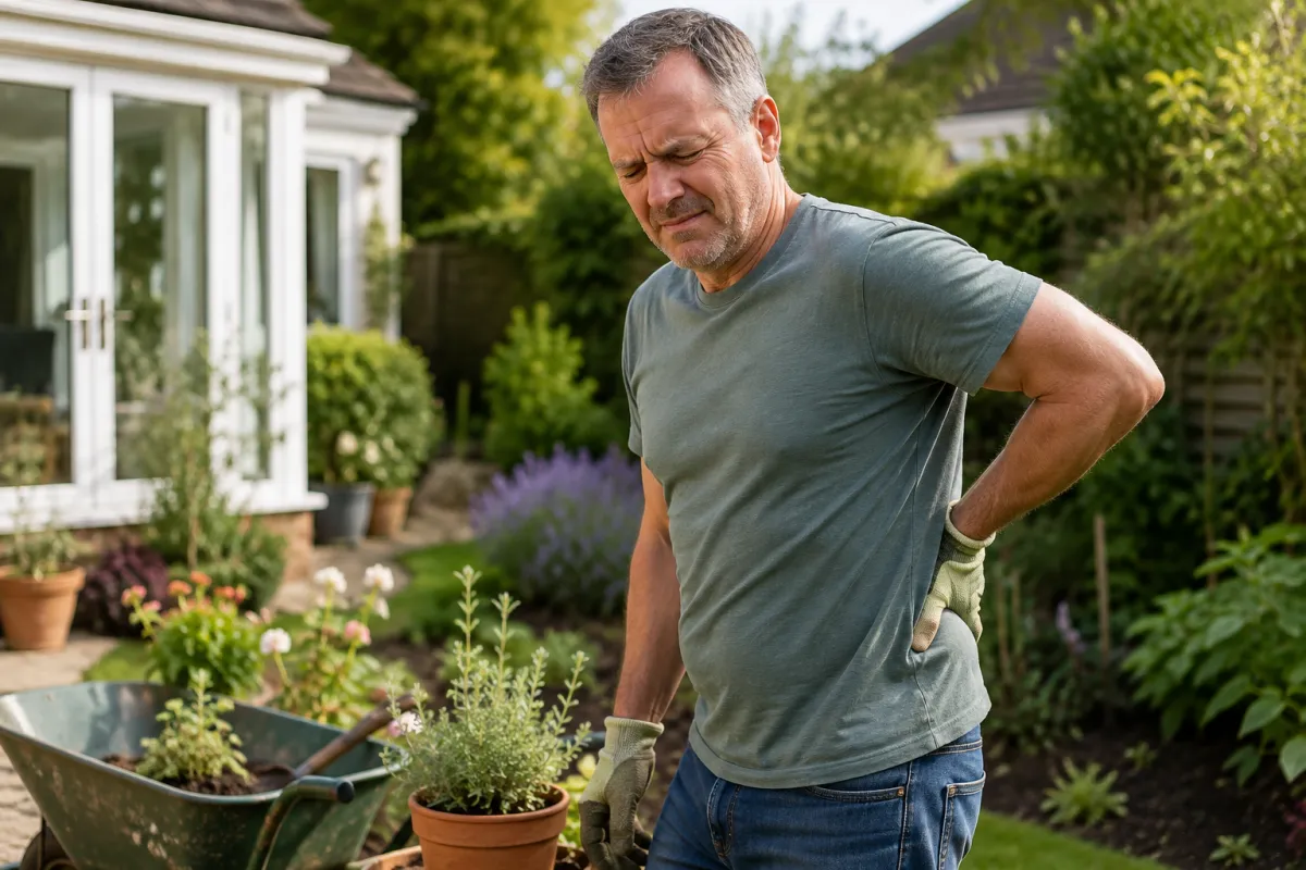 Mid-life man pauses while gardening, holding his lower back in discomfort, illustrating persistent lower back pain during everyday activities.