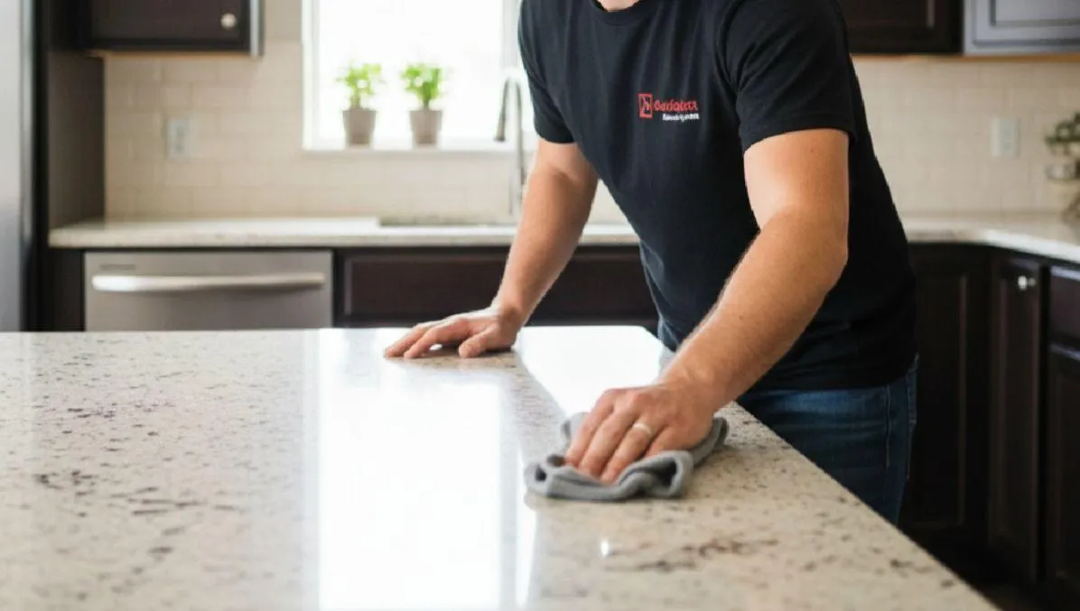 Technician performing final cleanup after countertop repair – Rock Solid Solutions