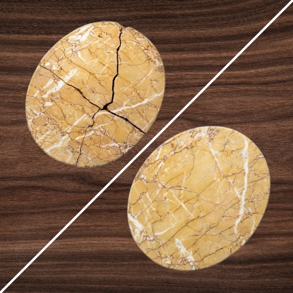 Before and after repair of a broken antique countertop