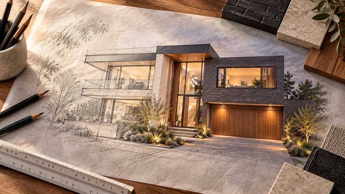 Concept sketch beside a rendered elevation of a contemporary home