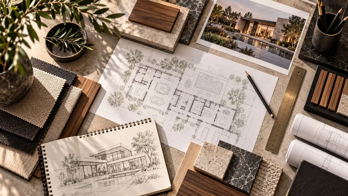 Architectural plans and material samples on a drafting table