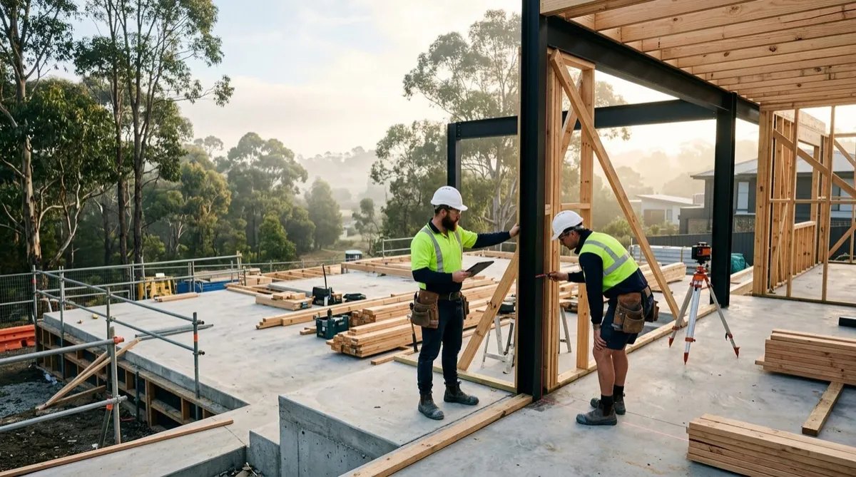 Illustrative residential construction site with frame checks