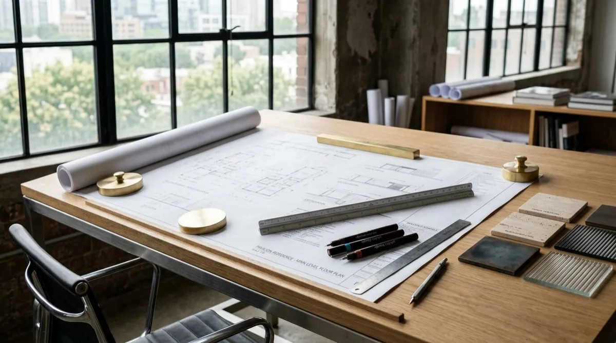 Illustrative design drawings on a drafting table