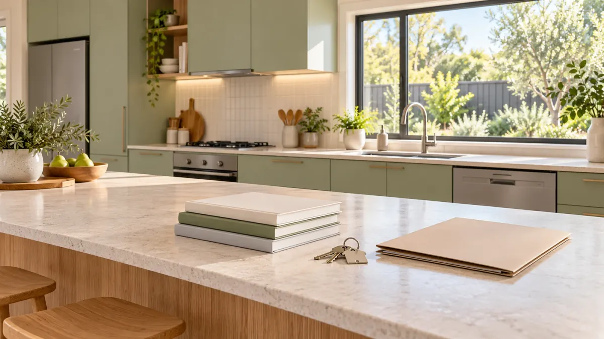 Modern Australian kitchen with plain manuals, keys and a handover folder on the island.