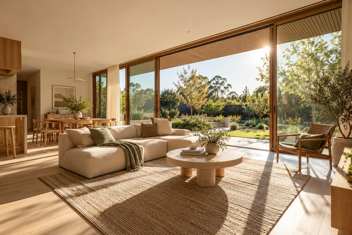 Living room with sunlight through large windows and external eaves
