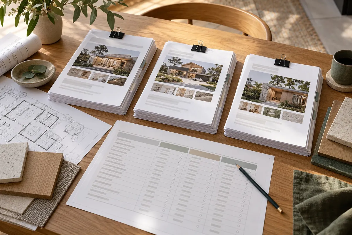 Illustrative tender documents and a scope comparison worksheet beside house plans
