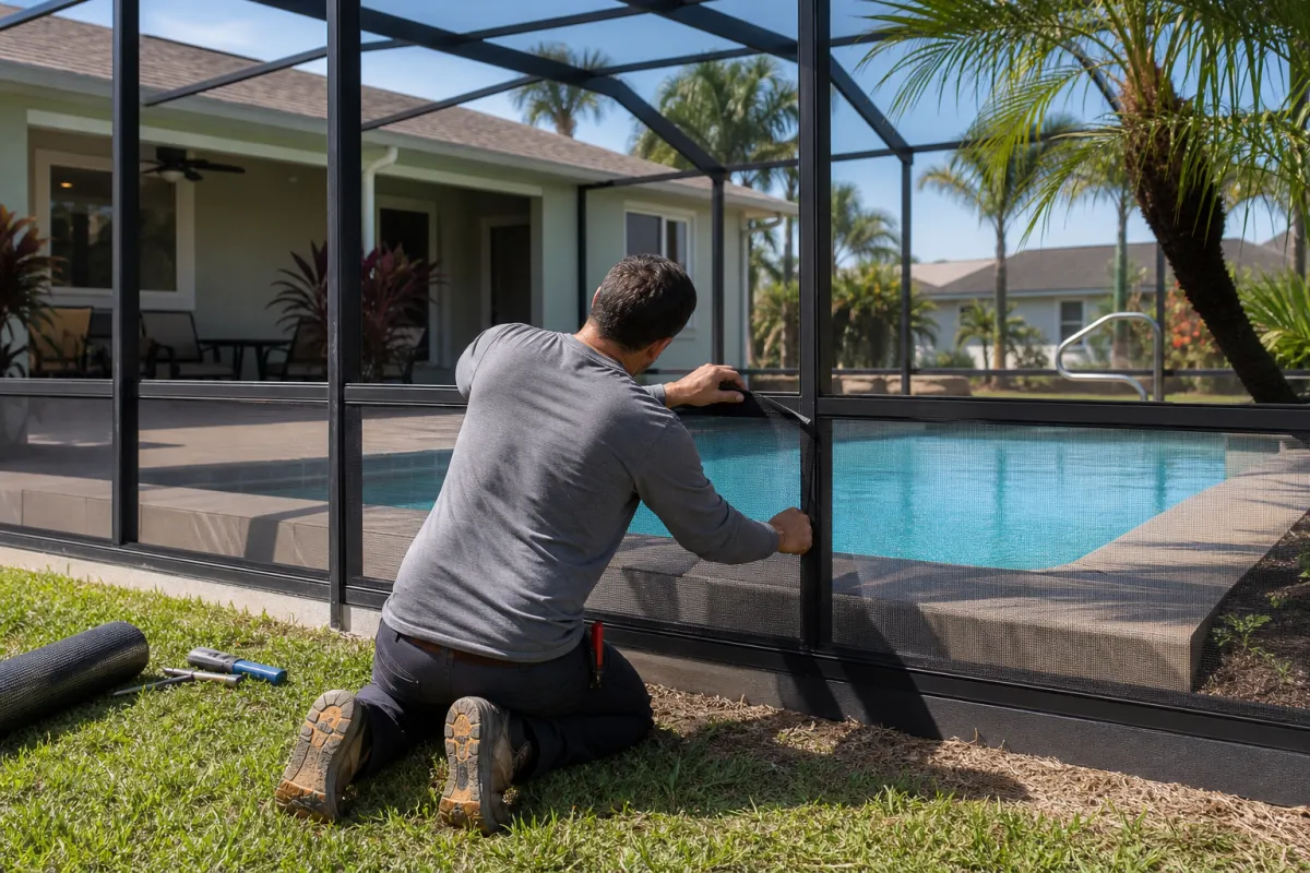 Technician rescreening a Florida pool enclosure