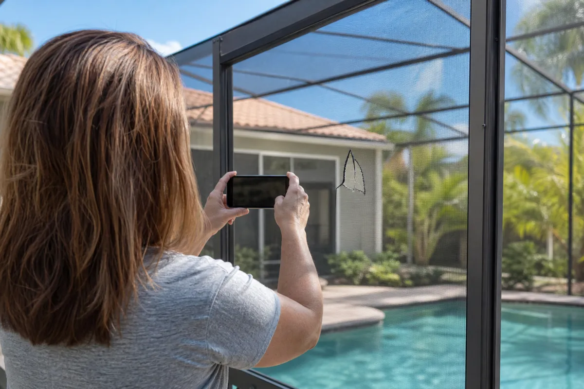 Homeowner photographing a Florida pool enclosure before screen repair