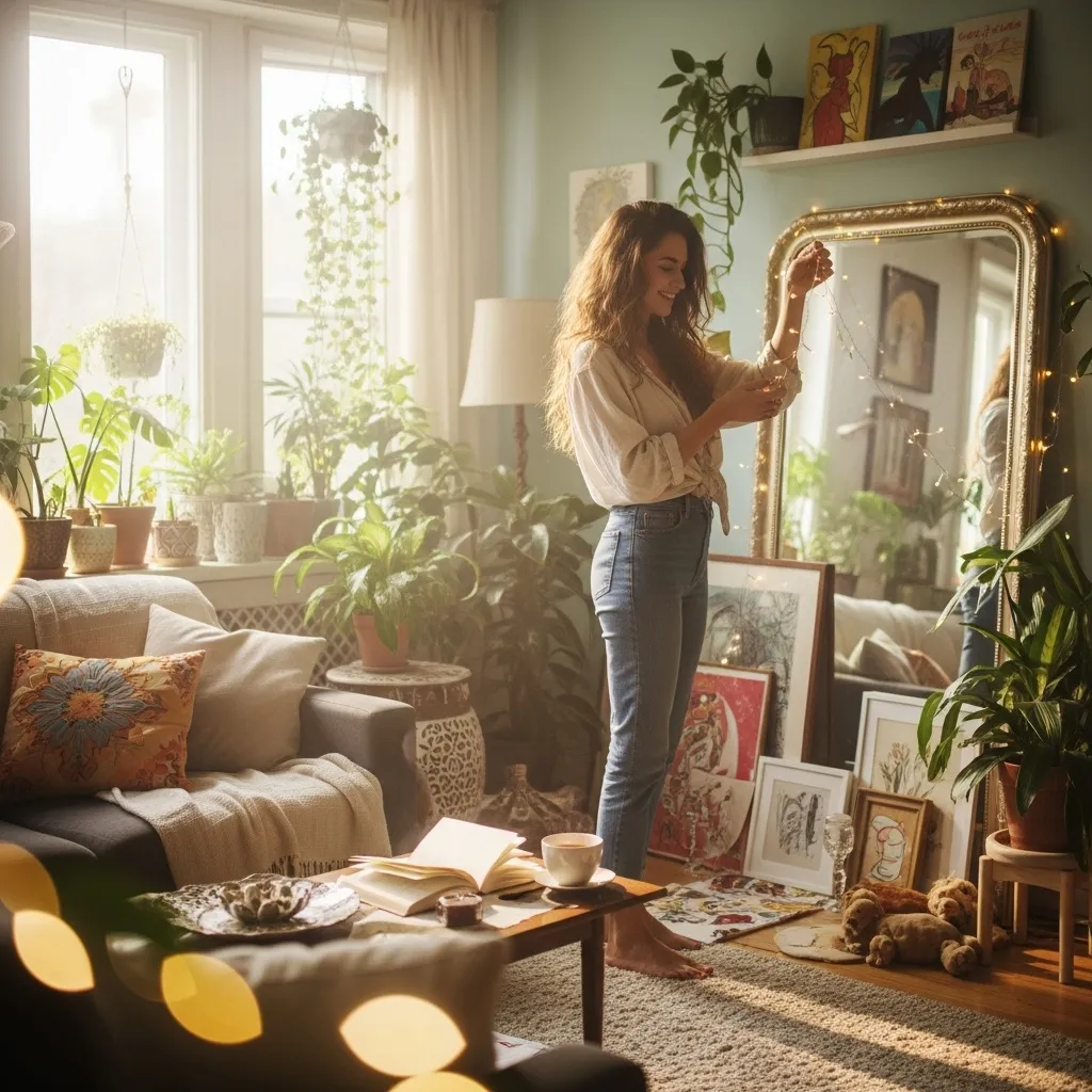 Solo female standing in her living room in front of  large wall mirror