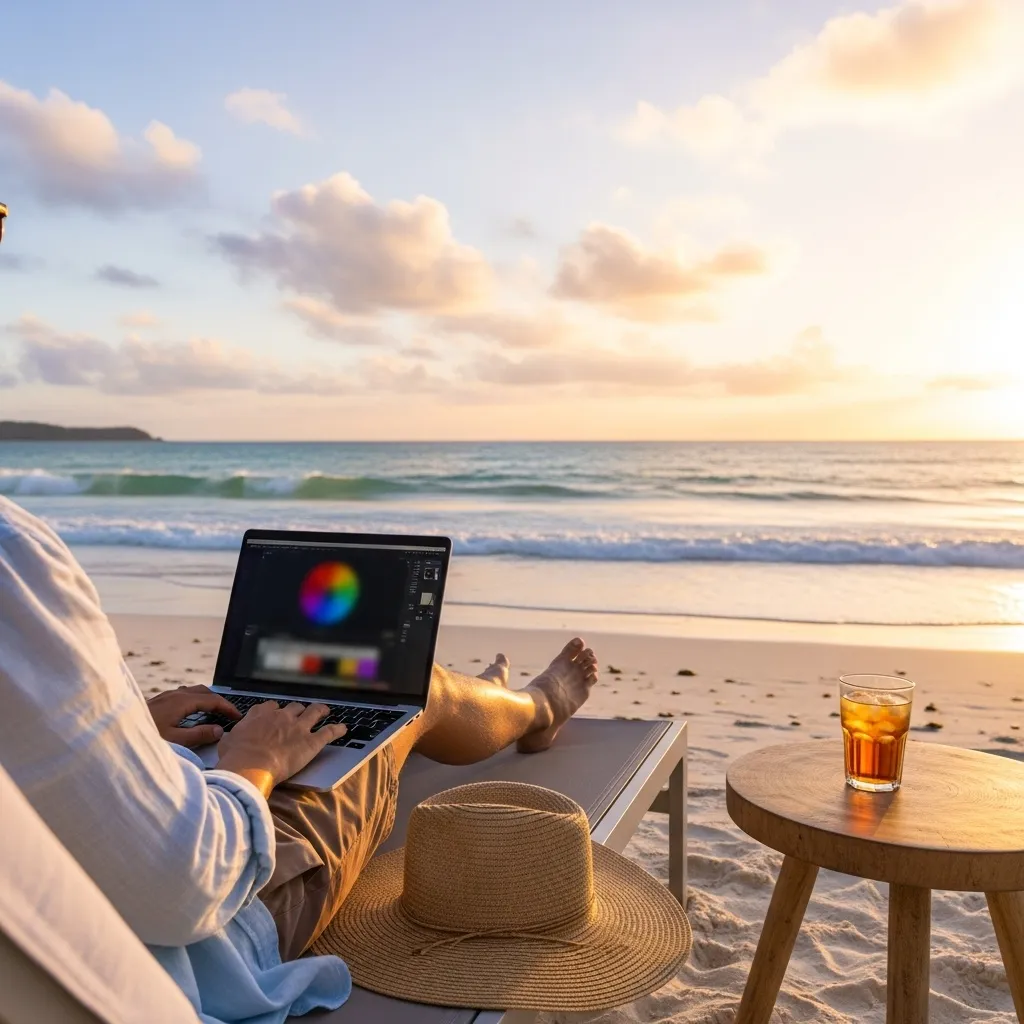 Confident solopreneur working independently from the beach watching the sunset