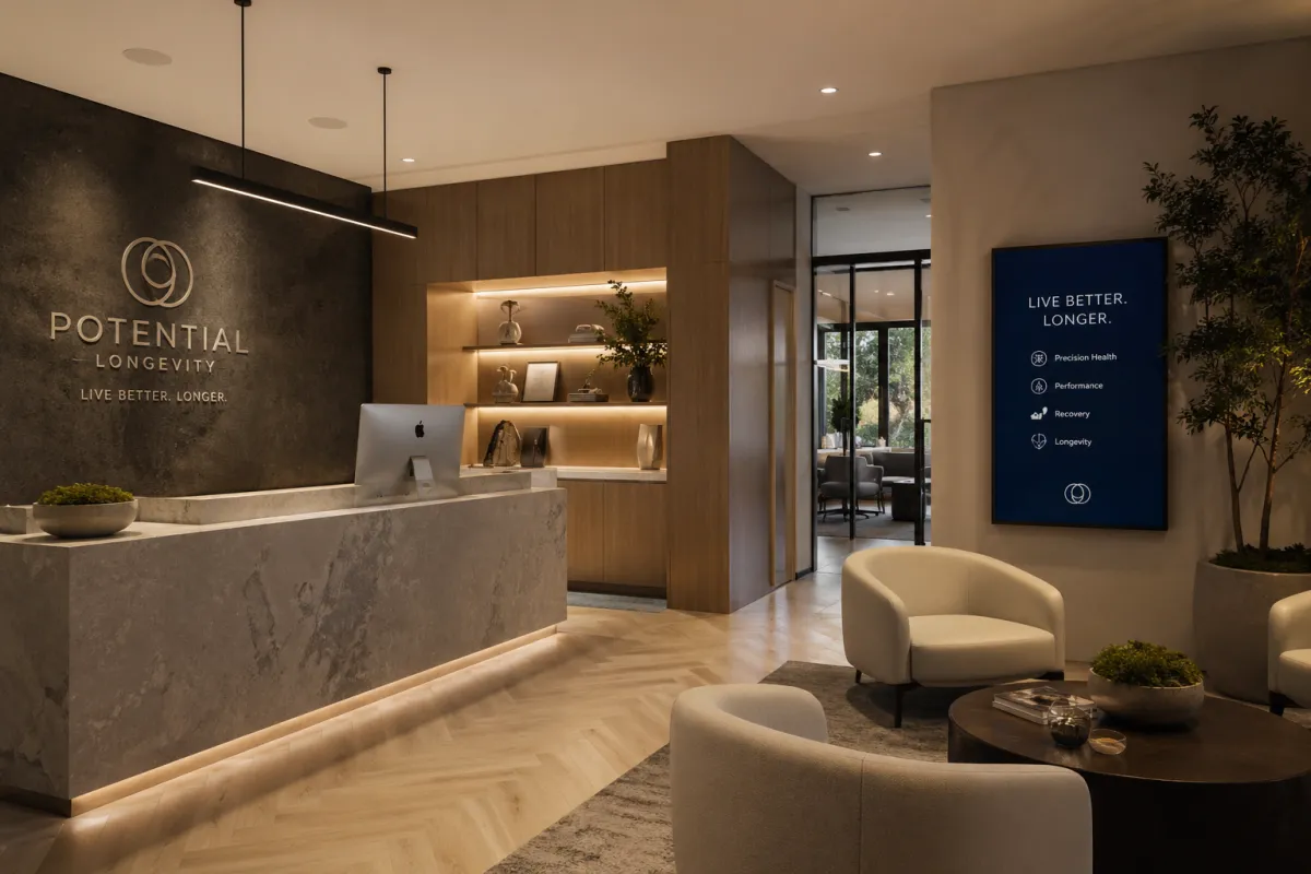 Premium longevity clinic interior showing modern patient care environment for high-performance health optimization