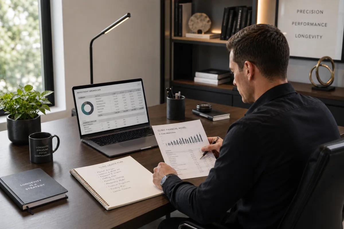 Entrepreneur reviewing longevity clinic startup costs and investment requirements for 2026 opening