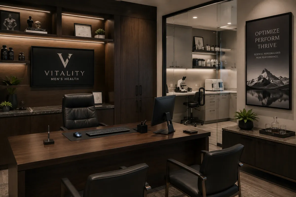 Men's health TRT clinic premium consultation room showing sophisticated masculine clinical environment for testosterone therapy