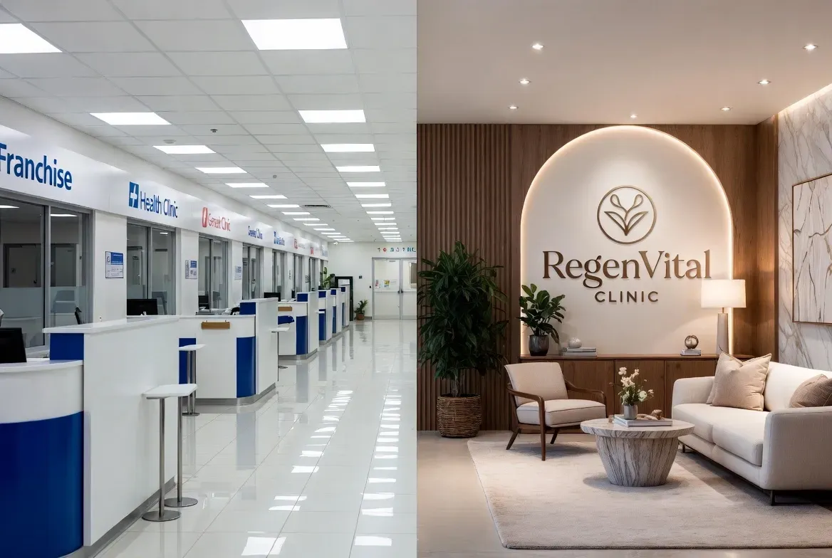 Franchise clinic versus independent regenerative health clinic comparison showing branding and ownership differences