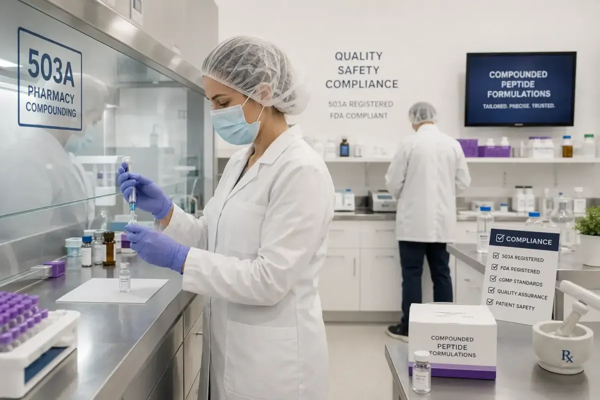 Licensed compounding pharmacy interior showing professional peptide compound preparation and 503A regulatory compliance