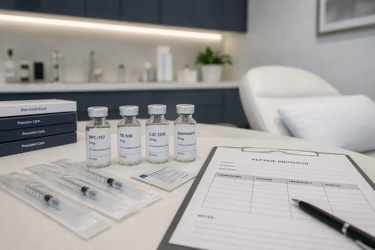 Peptide therapy clinic protocol supplies showing BPC-157 Sermorelin and Ipamorelin compound vials and clinical documentation