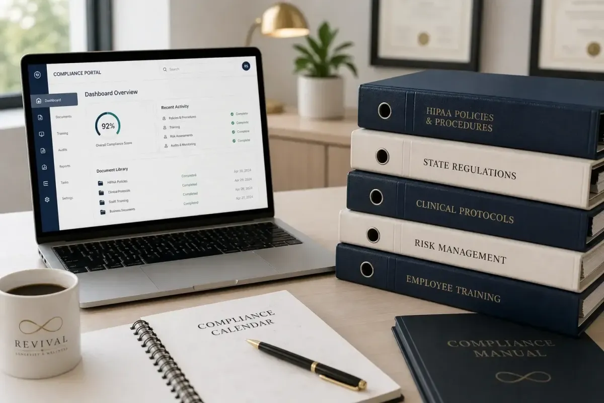 Peptide clinic compliance documentation showing FDA regulatory framework and organized clinical records for compliant operations
