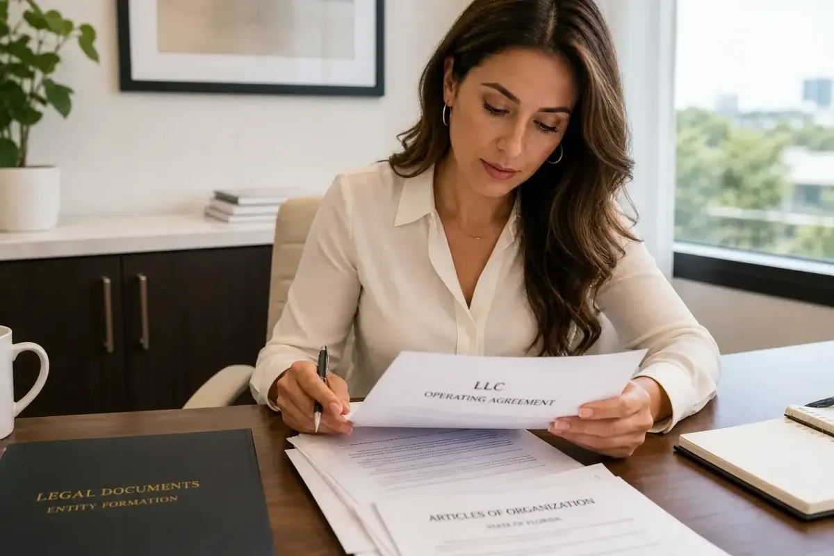 Non-physician entrepreneur reviewing legal structure and MSO formation documents for longevity clinic ownership without medical degree