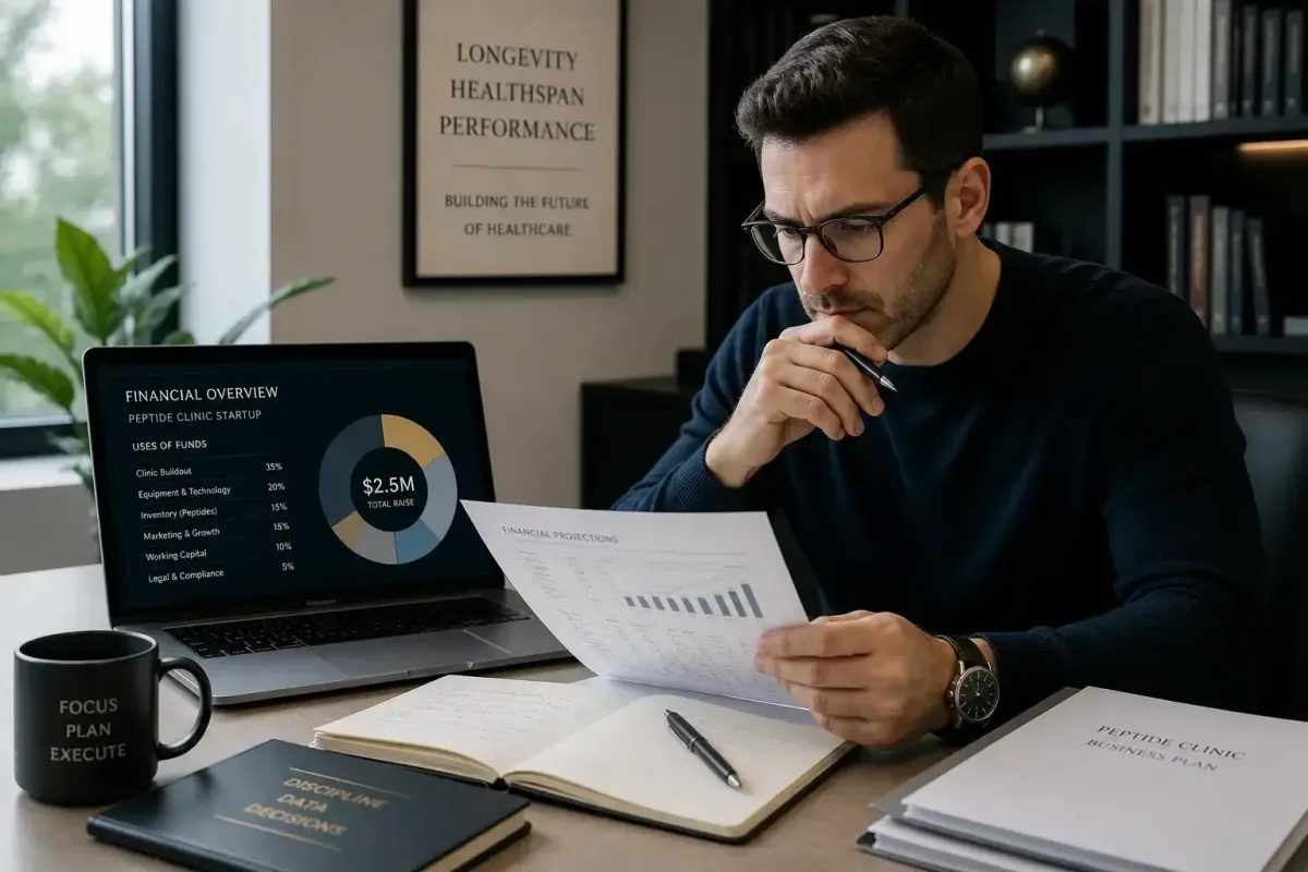 Entrepreneur reviewing peptide therapy clinic startup costs and investment breakdown for 2026 opening