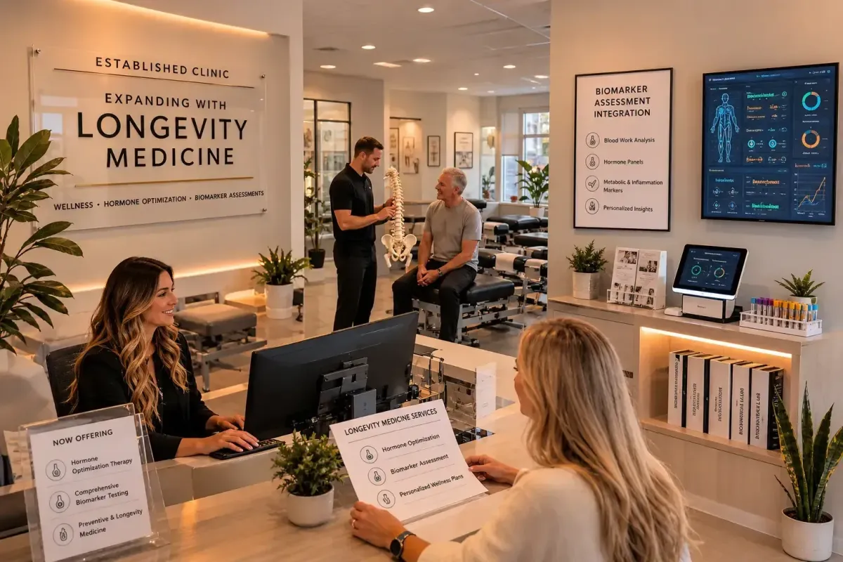 Modern regenerative health clinic reception area with premium interior design and welcoming atmosphere