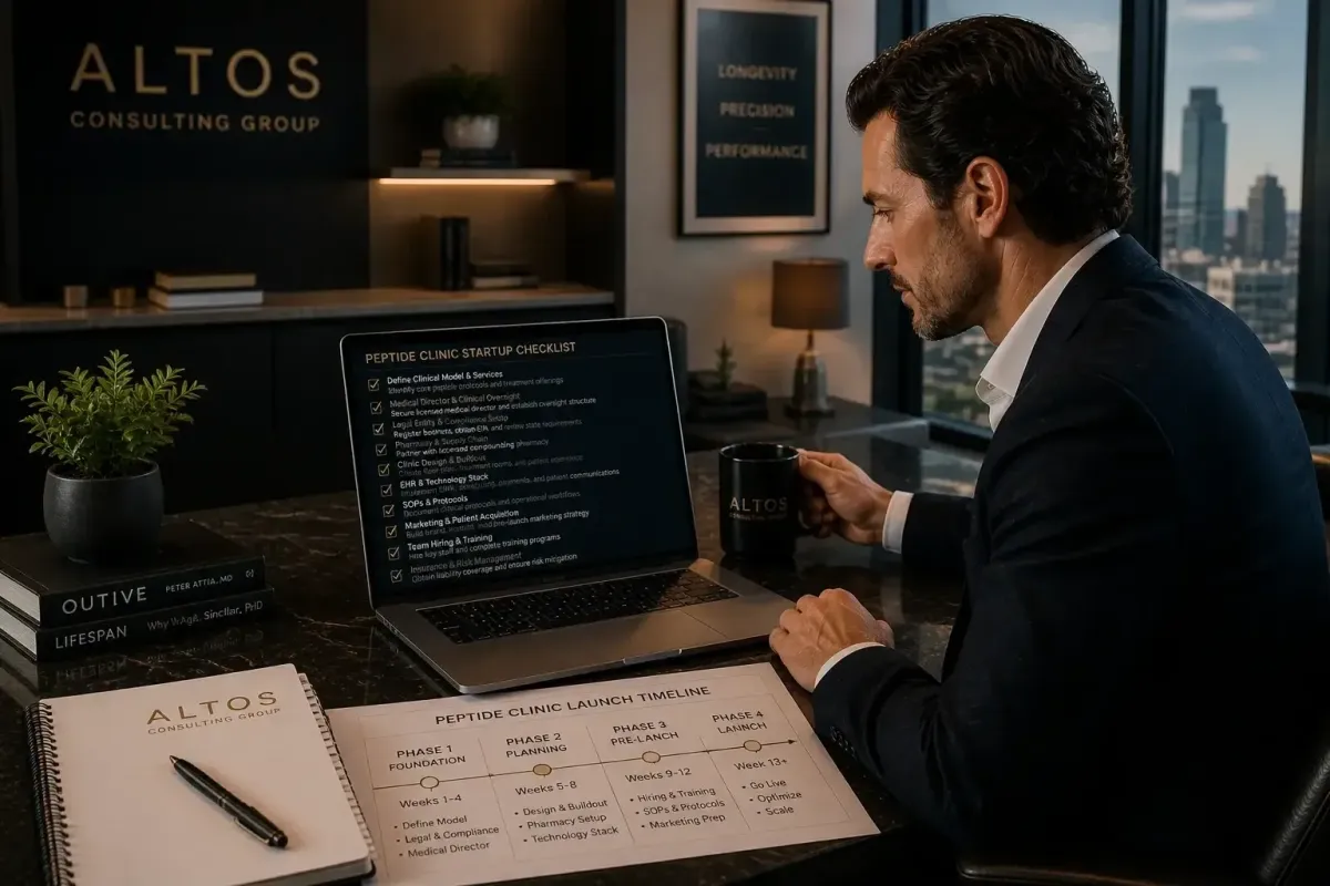 an entrepreneur reviewing how to start a peptide clinic in 2026 with Altos Consulting Group