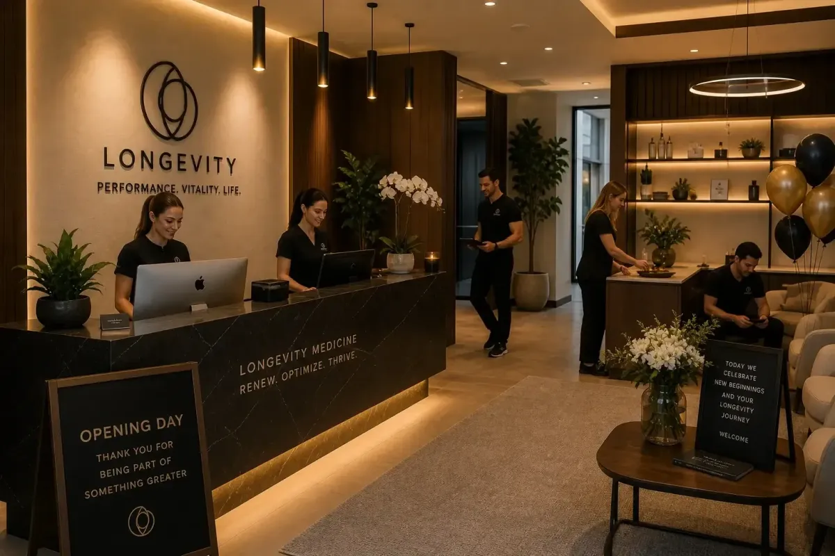 Longevity clinic opening day showing premium reception area and clinical team prepared for first patients in 2026