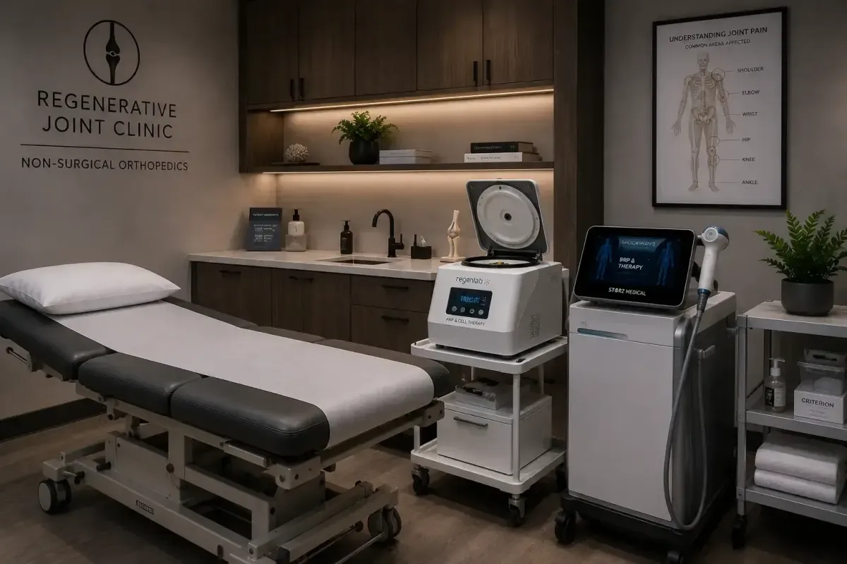 Regenerative joint clinic treatment room showing PRP centrifuge shockwave therapy equipment and clinical musculoskeletal care setup