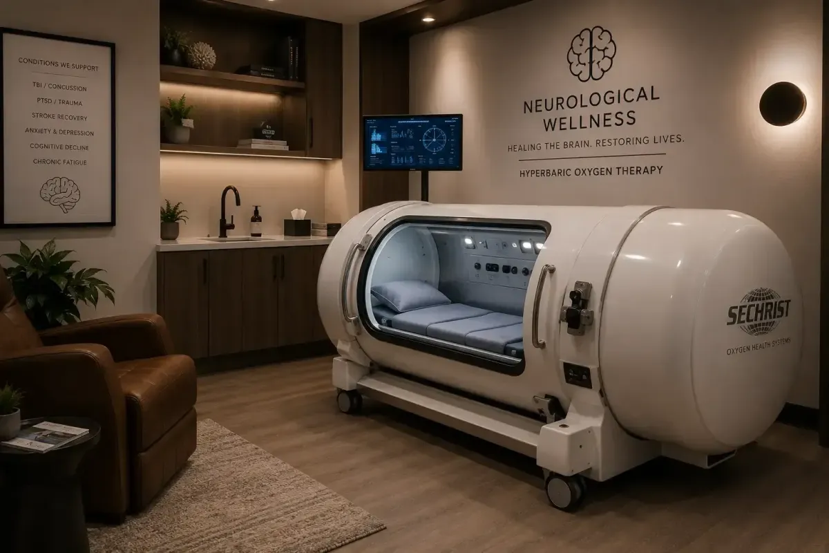 Neurological wellness clinic hyperbaric oxygen chamber in modern clinical environment for TBI PTSD and neurological recovery care