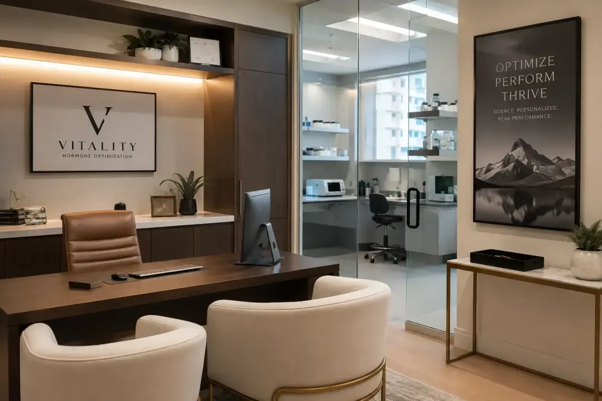 Premium hormone optimization clinic consultation room showing clinical lab setup and professional environment for TRT and BHRT
