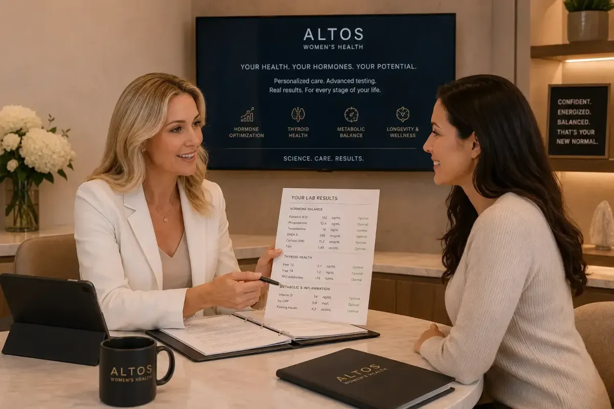 Women's hormone health clinic consultation showing professional environment for BHRT menopause and perimenopause care