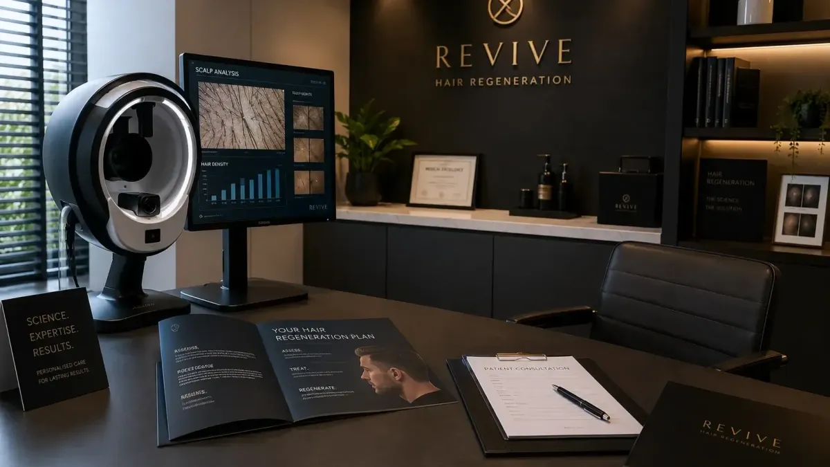 Hair regeneration clinic consultation room showing scalp assessment technology and clinical hair restoration setup for PRP and exosome therapy