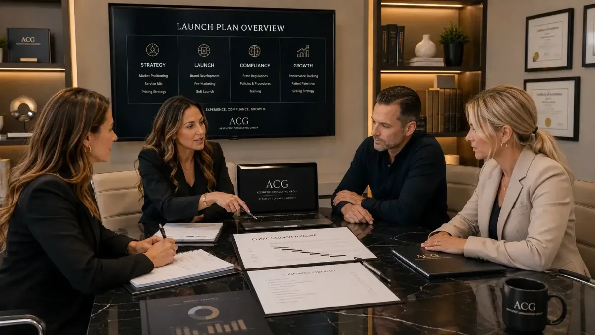 ACG consulting team reviewing new regenerative health clinic launch plan with entrepreneur showing structured 60 day process