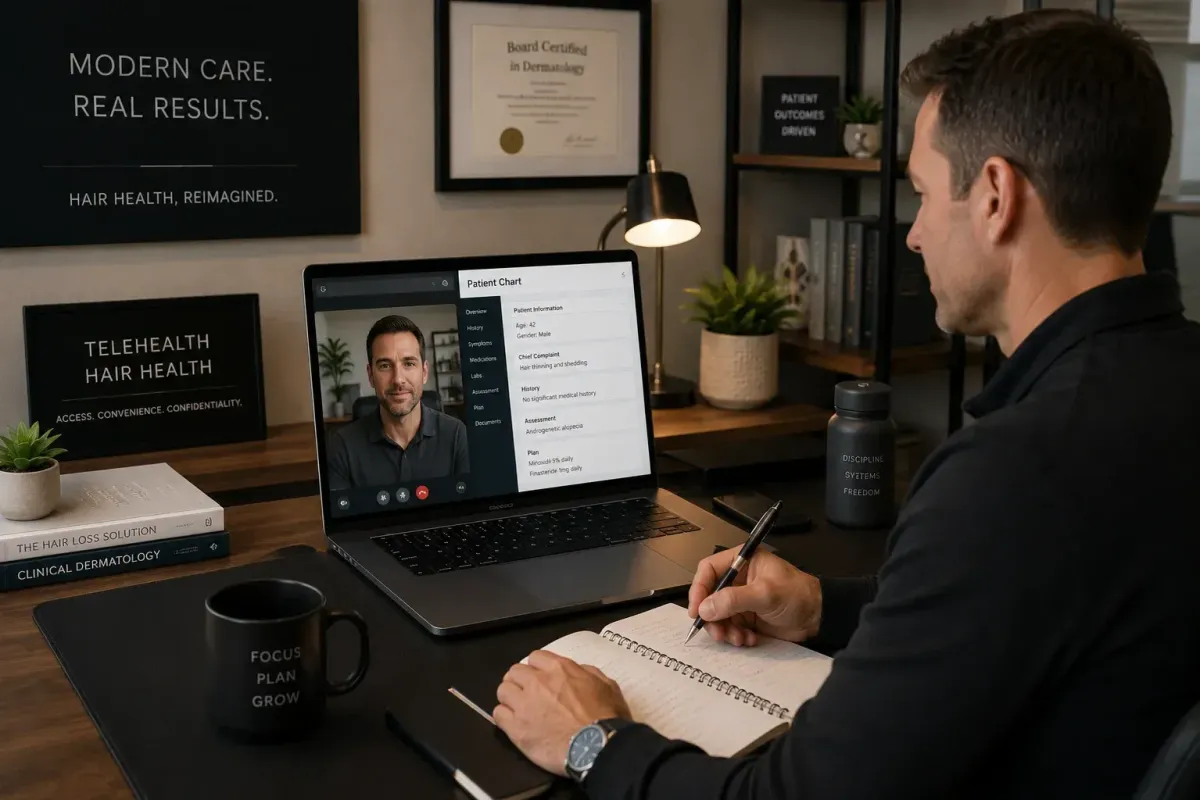 Telehealth regenerative health clinic operator conducting virtual patient consultation showing remote clinical practice infrastructure