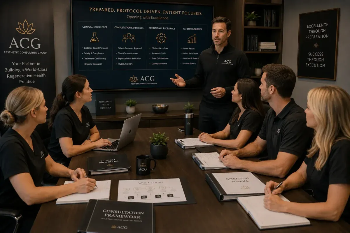 Regenerative health clinic team pre-opening training session showing clinical and administrative staff reviewing protocols and consultation frameworks