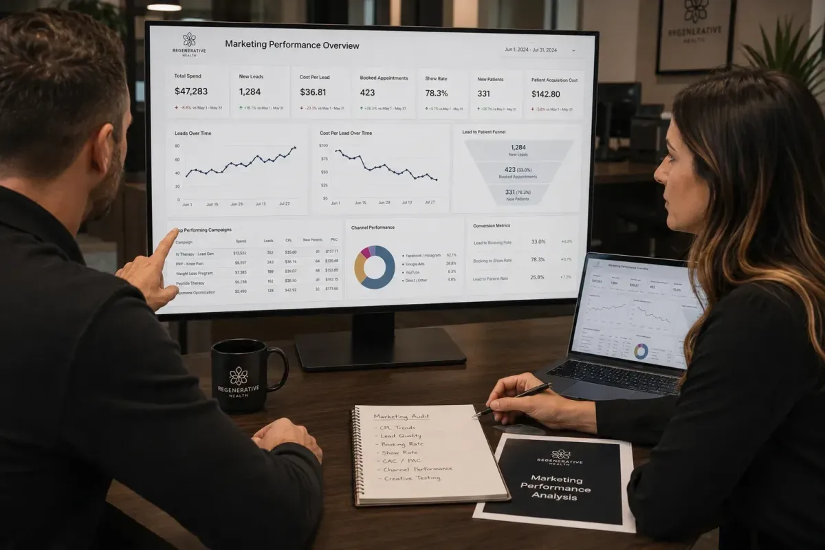 Regenerative health clinic marketing audit showing campaign performance data cost per lead booking rates and patient acquisition metrics review