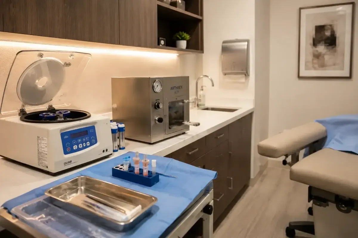 Same-day autologous orthobiologics procedure suite showing bone marrow aspirate processing equipment in a compliant stem cell clinic