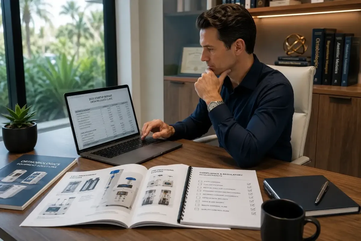 Entrepreneur reviewing stem cell clinic startup budget with equipment catalogs and compliance documentation for 2026 launch