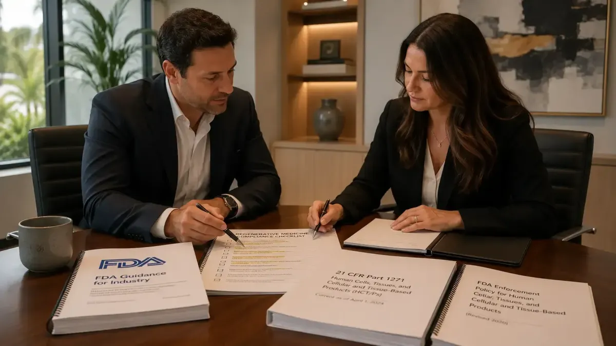 Entrepreneur and healthcare attorney reviewing stem cell clinic regulatory compliance checklist before business launch